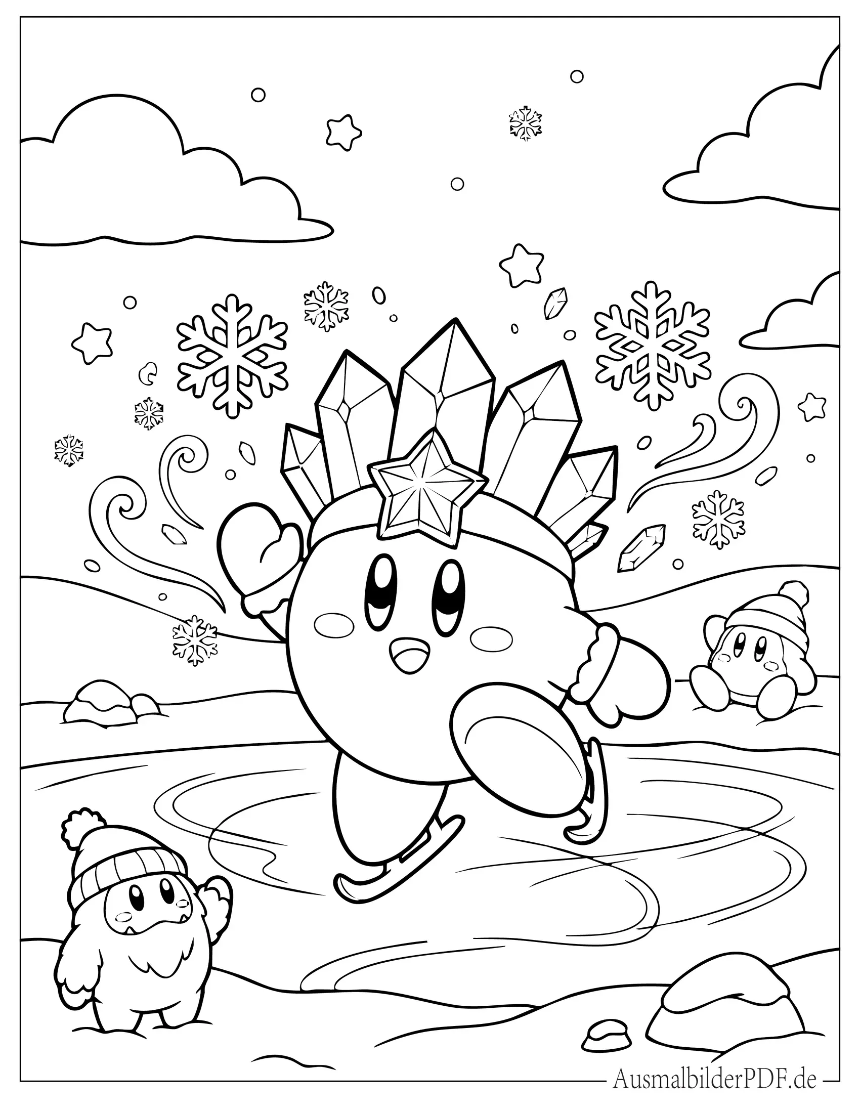 Niedlicher Eis Kirby mit Schneeflocken Ausmalbild