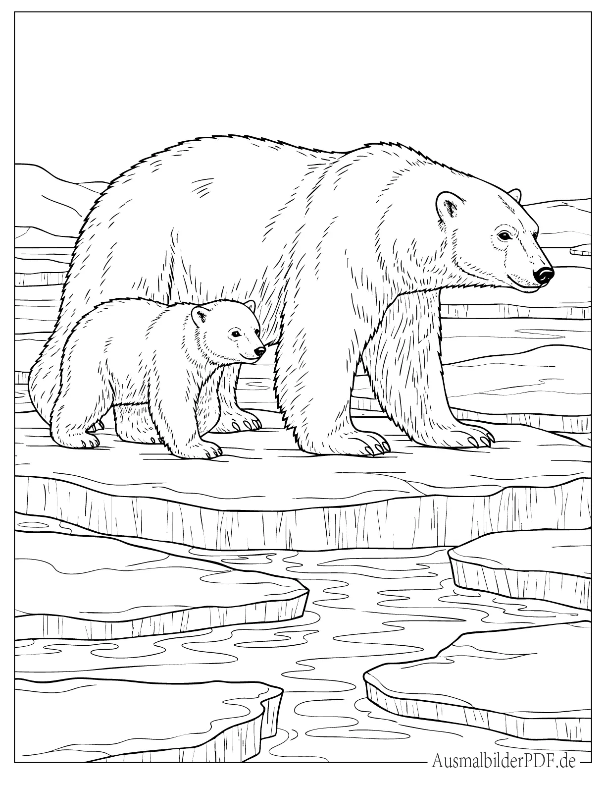 Eisbär und Junges laufen über Eisschollen Ausmalbild