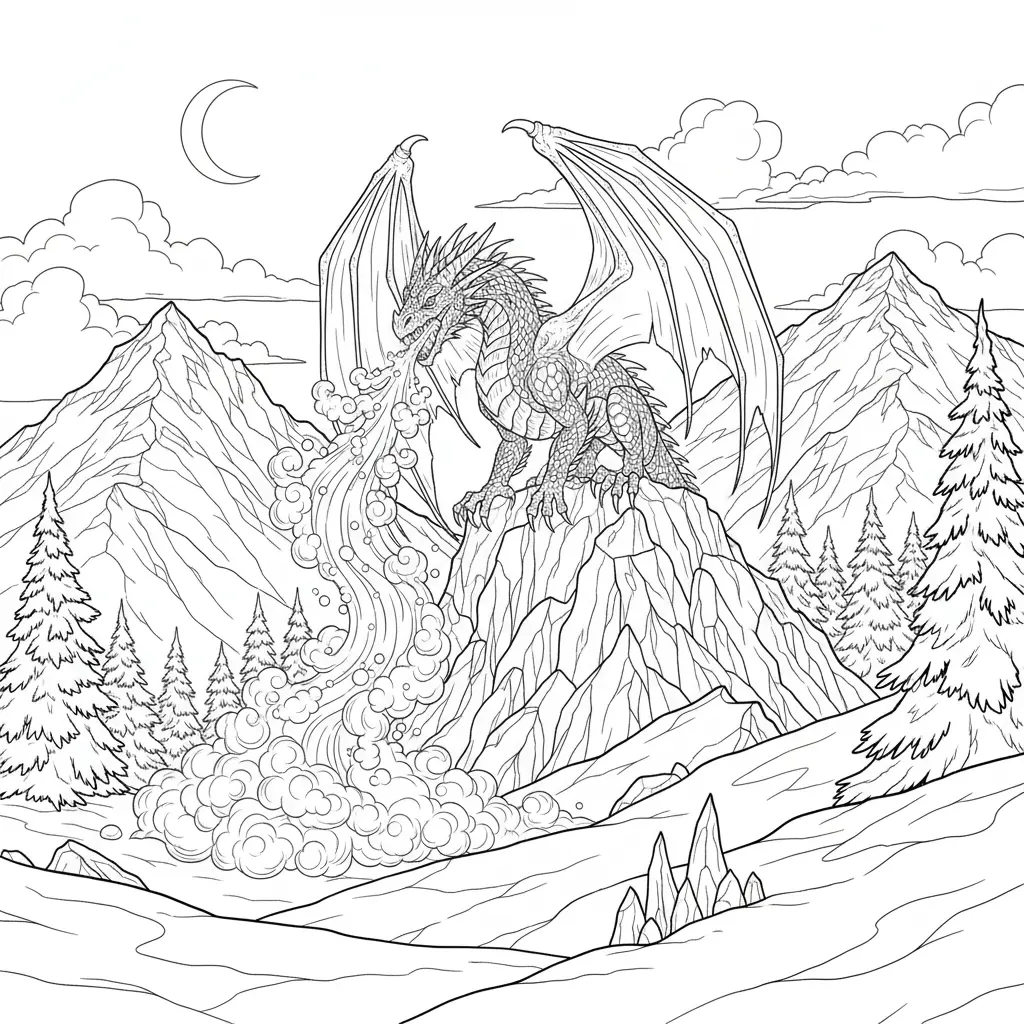 30 Drachen Ausmalbilder (Kostenlos Malvorlage zum Ausdrucken) Eisdrache auf einem vereisten Berg zum Ausmalen und Ausdrucken