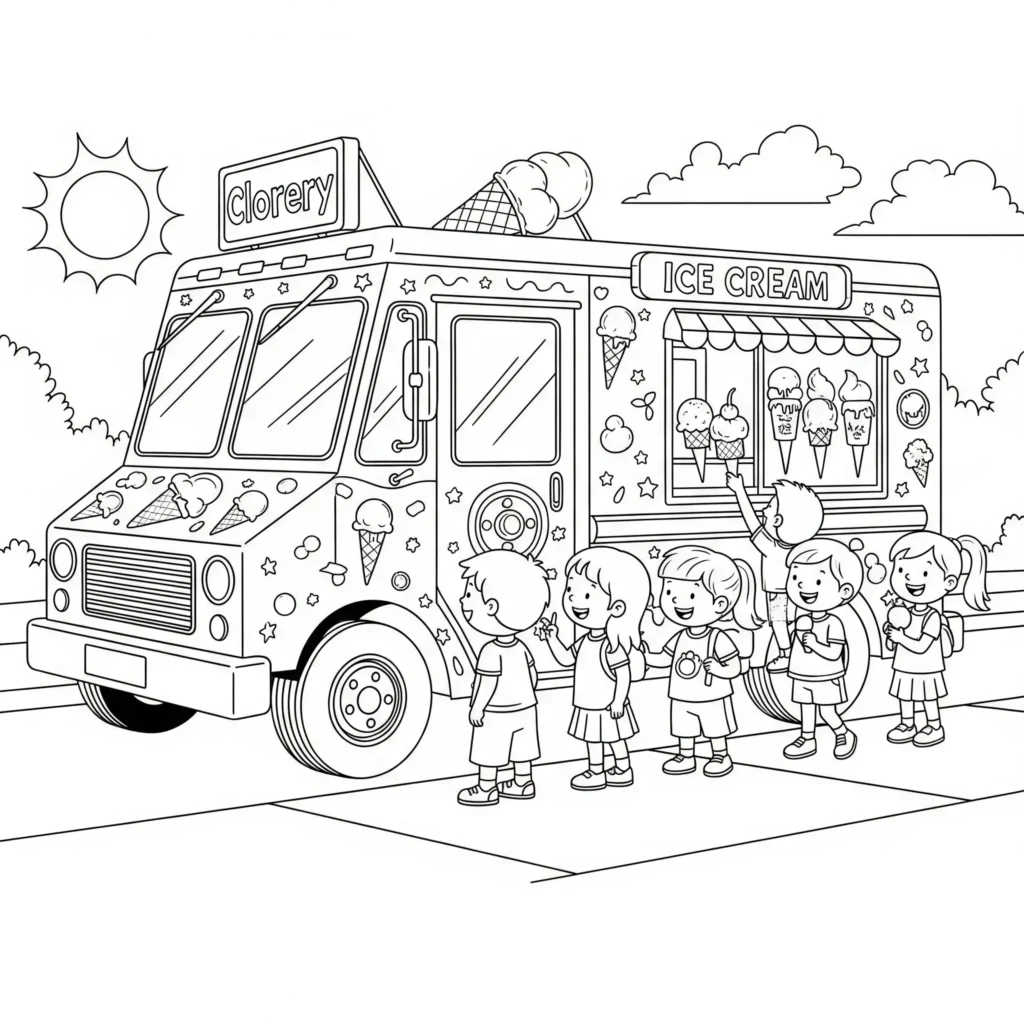 Ein Eiscremewagen steht auf einer sonnigen Straße Kinder kommen mit Freude angelaufen sommer ausmalbilder zum ausdrucken für kinder kostenlos