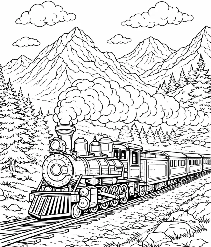 Eisenbahn Ausmalbilder (Gratis Malvorlage PDF zum drucken) Ausmalbild einer Eisenbahn in den Bergen für Kinder und Erwachsene, ideal zum Ausdrucken und Ausmalen