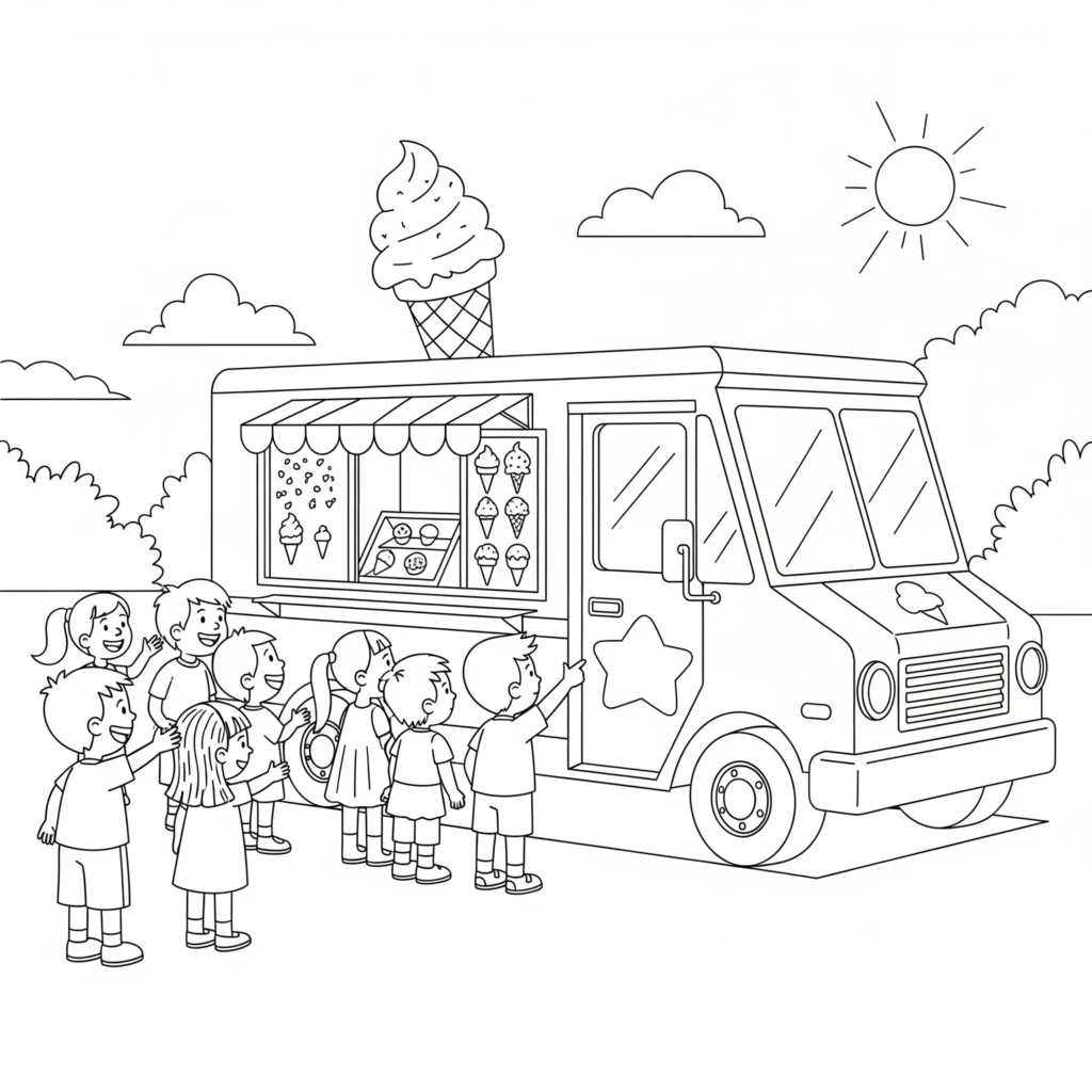 Ein bunter Eiswagen steht im Sommerpark, Kinder stehen an und bestellen Eis – sommer ausmalbilder einfach und sommer malvorlage zum ausdrucken