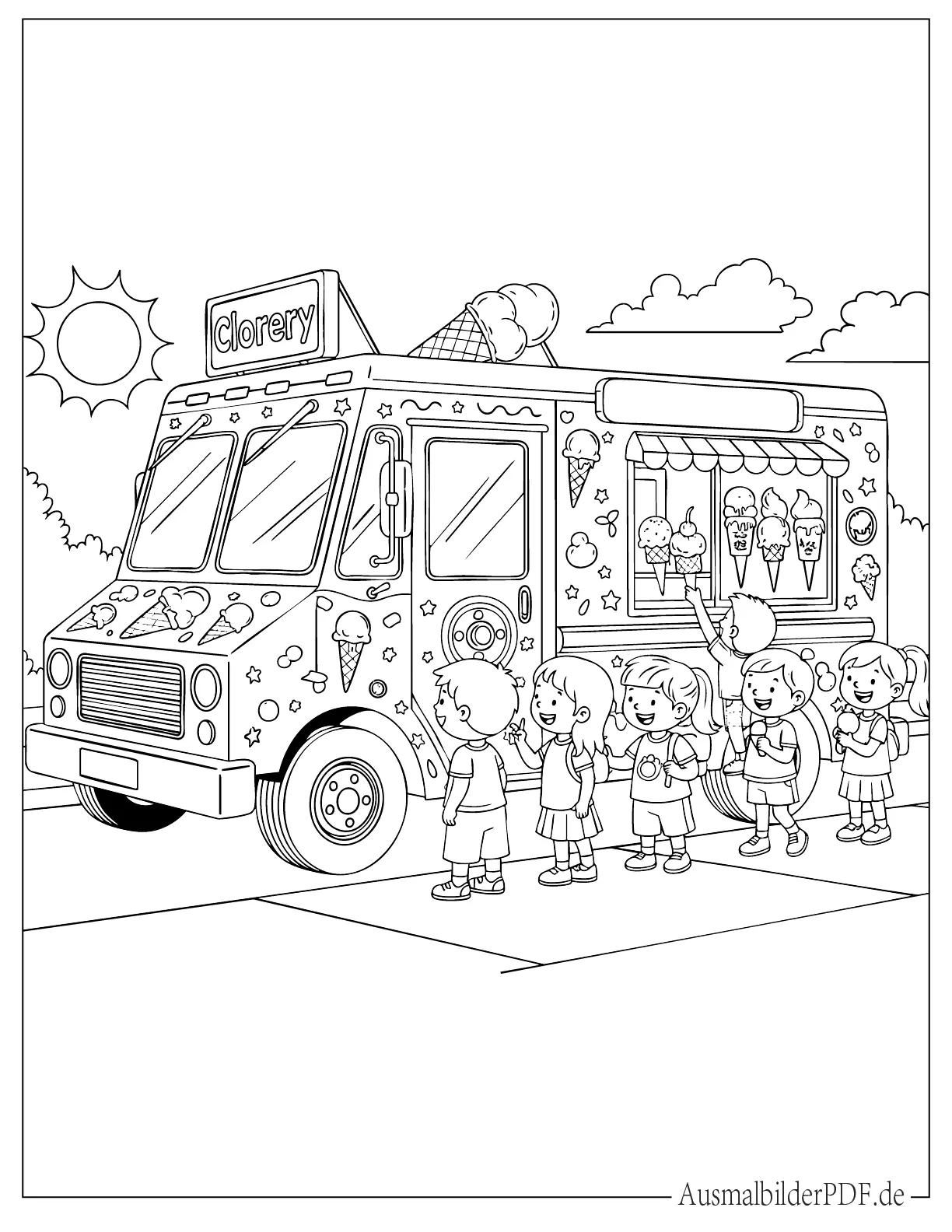 Eiswagen auf einer sonnigen Straße zum Ausmalen