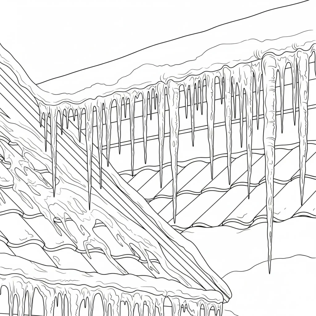20+ Ausmalbilder Winter (Kostenlos Malvorlage zum Ausdrucken) Ausmalbild mit langen Eiszapfen, die vom Rand eines Hausdachs hängen, während der Schnee langsam taut. Winterliche Szene zum kreativen Ausmalen.