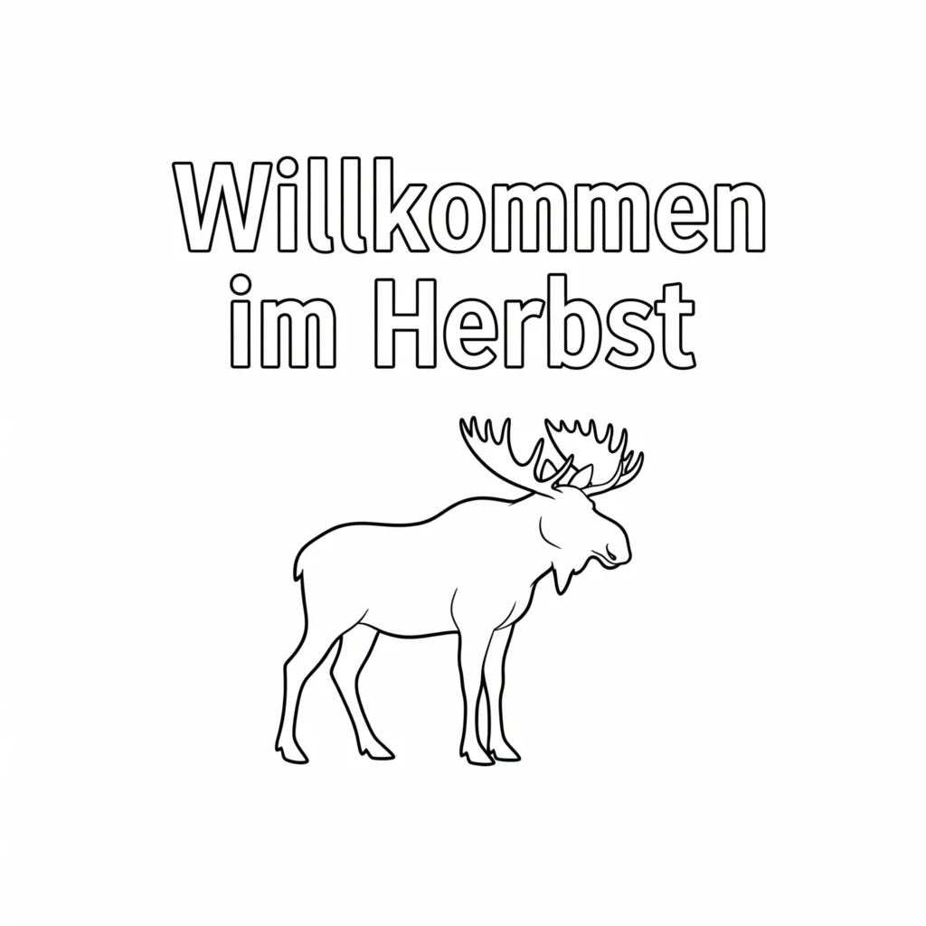 20+ Herbst Ausmalbilder (Kostenlos Malvorlage zum Ausdrucken) Ein freundlicher Elch steht unter dem Schriftzug „Willkommen im Herbst“. Kinder können den Elch, die Schrift und herbstliche Details bunt gestalten.