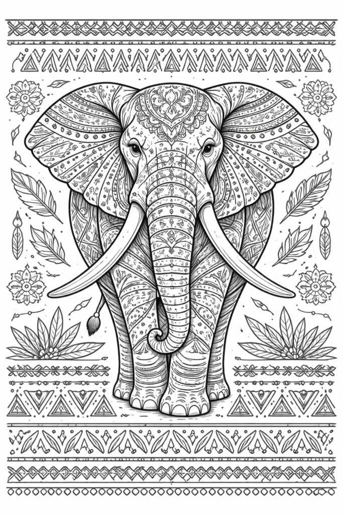 Ein ausmalbild zeigt einen Elefanten mit kunstvollen afrikanischen Mustern und eignet sich ideal für kreative Stunden bei Kindern und Erwachsenen