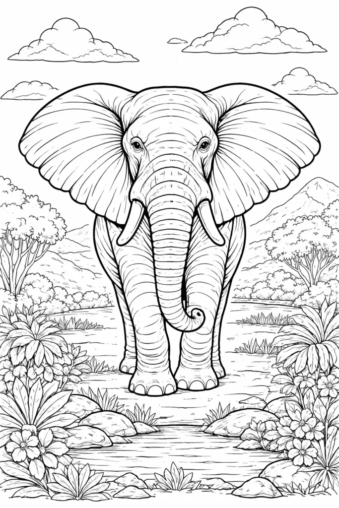 Ein großes ausmalbild zeigt einen freundlichen Elefanten in einer offenen Landschaft mit Bäumen und Hügeln und lädt Kinder zum kreativen Ausmalen ein