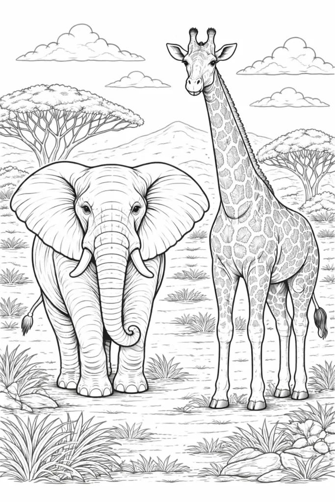 Ein ausmalbild zeigt einen Elefanten neben einer hohen Giraffe in weiter Savanne und bietet kreative Freude für Kinder und Erwachsene