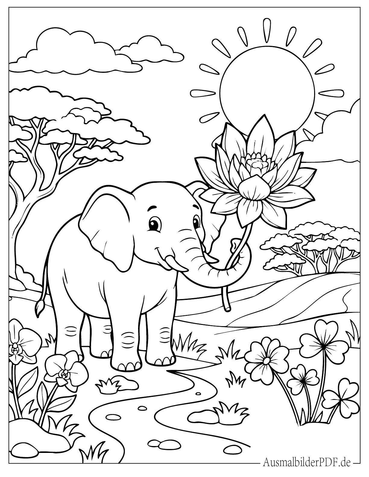 Elefant hält eine große Blume mit seinem Rüssel Ausmalbild