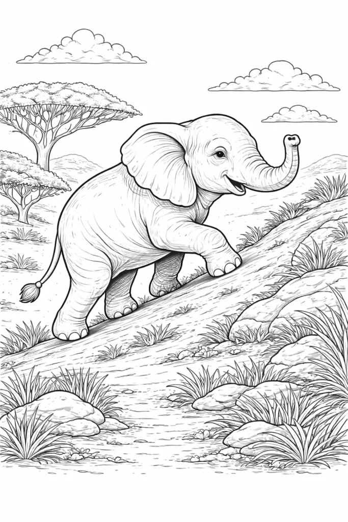 Ein ausmalbild zeigt einen Elefanten der ruhig einen weichen Hügel hinaufgeht in einer offenen Landschaft für Kinder und Erwachsene