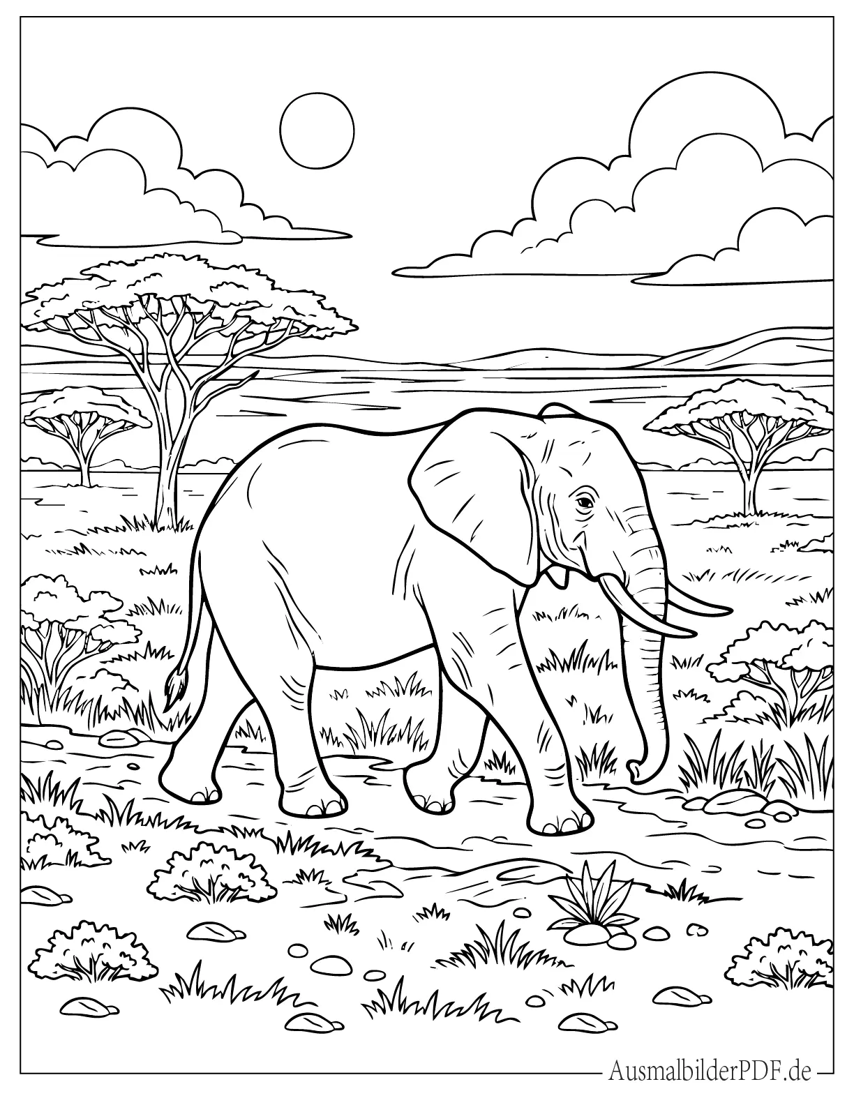 Elefant läuft über die afrikanische Savanne Malbild