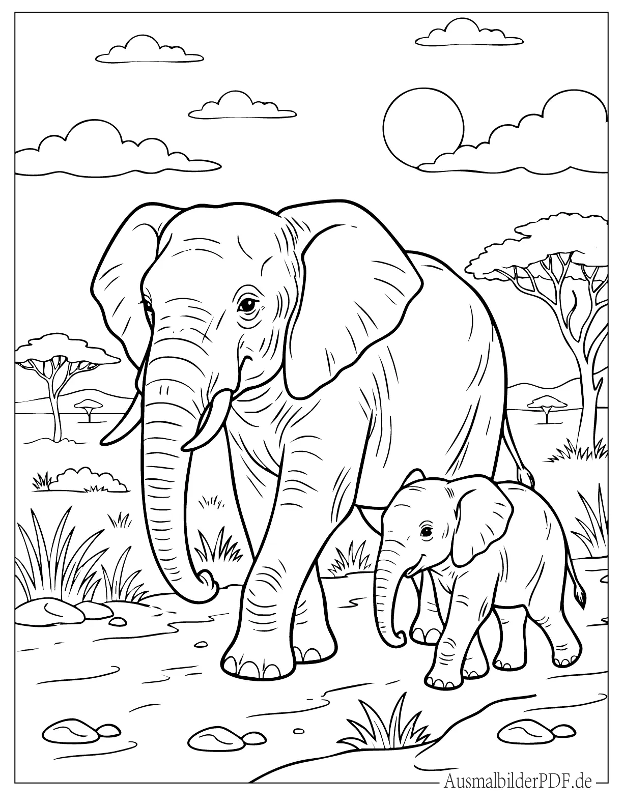 Elefant läuft mit Baby Ausmalbild zum Ausdrucken