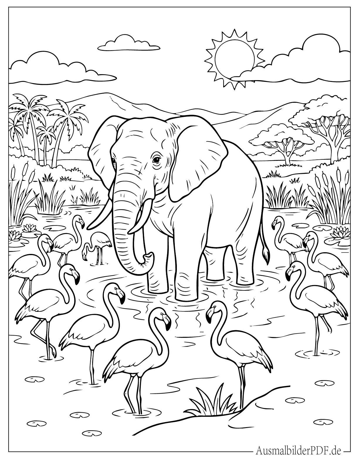 Elefant steht im Wasser umgeben von Flamingos Malvorlage