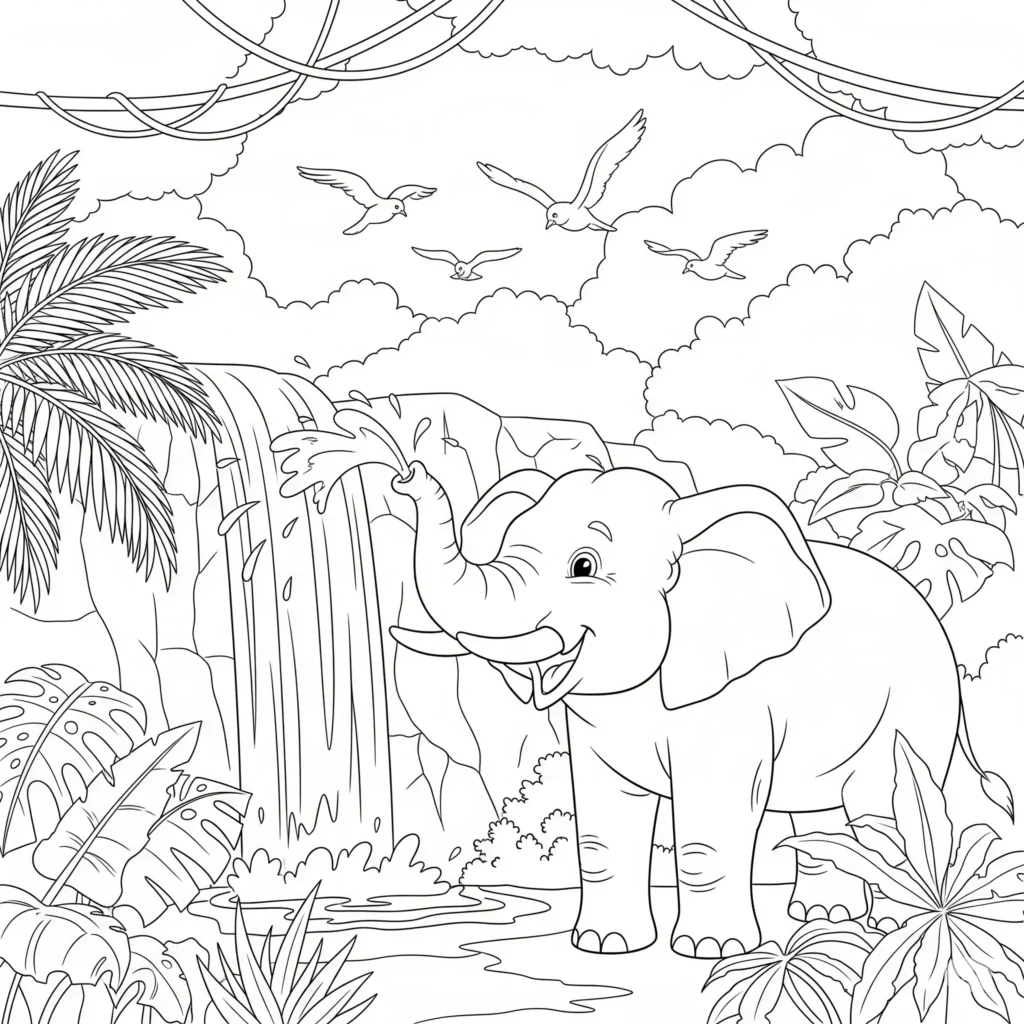 dschungel ausmalbild kostenlos mit elefant der wasser vor einem wasserfall spritzt