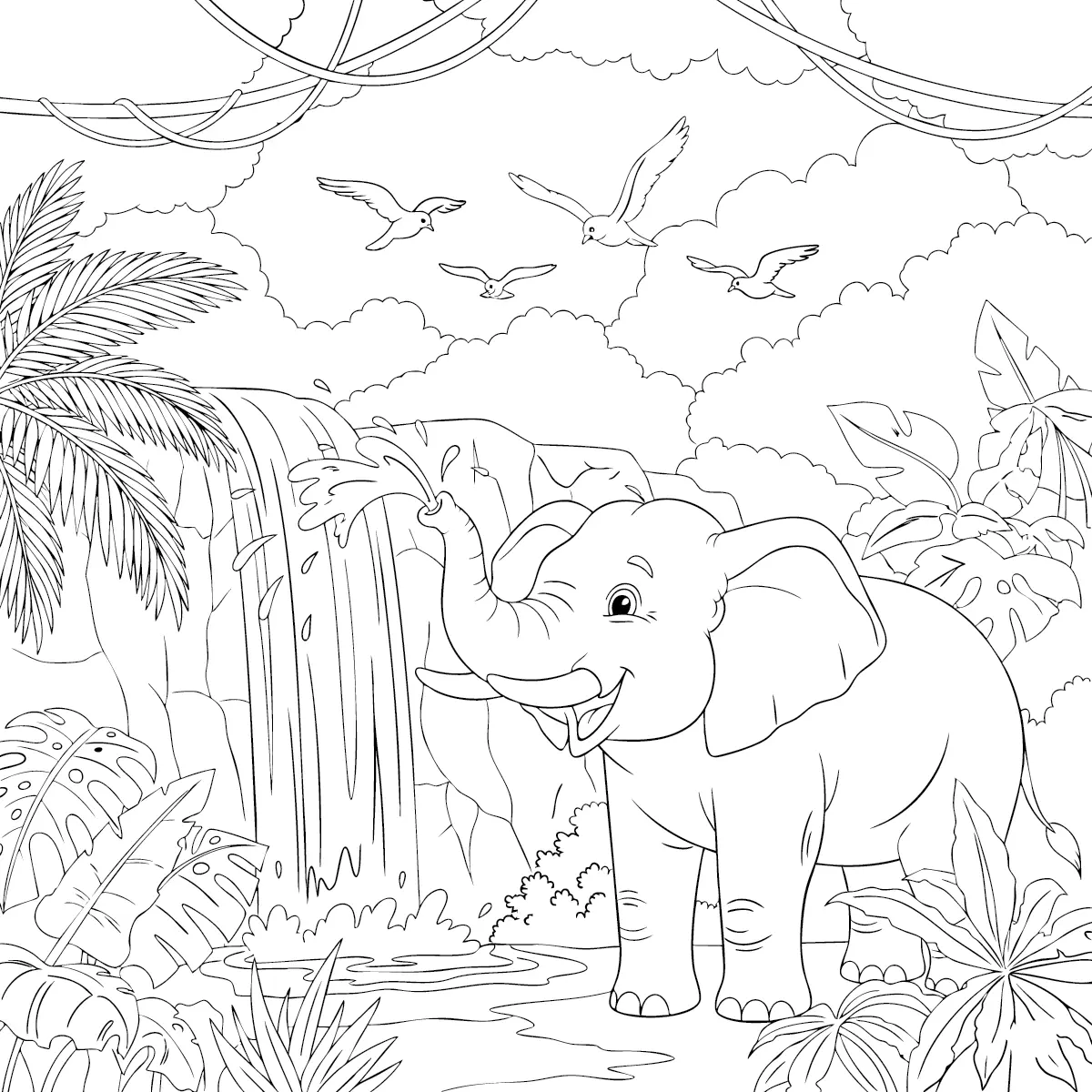 20 Dschungel Ausmalbilder (Gratis Malvorlage zum Ausdrucken) dschungel ausmalbild kostenlos mit elefant der wasser vor einem wasserfall spritzt