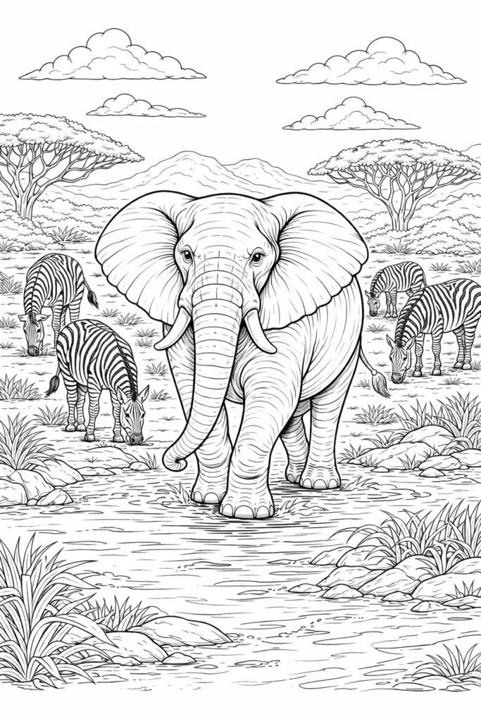 Ein ausmalbild zeigt einen Elefanten im flachen Wasser während Zebras auf der Wiese grasen und kreative Fantasie bei Kindern und Erwachsenen fördern