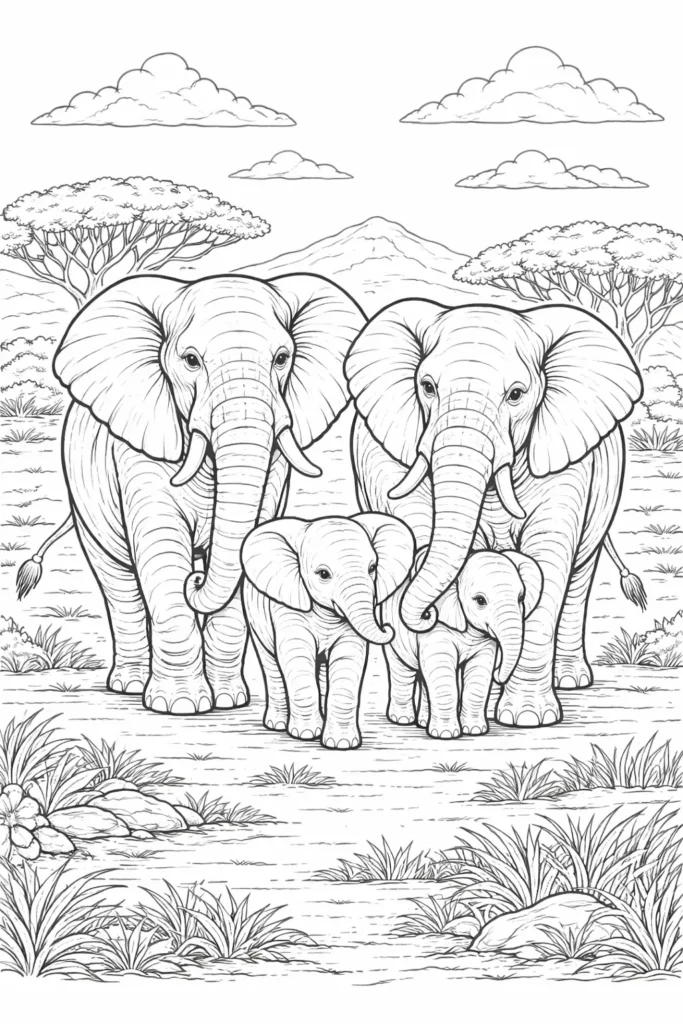 Diese harmonische druckvorlage zeigt erwachsene Elefanten mit ihren Jungtieren in Bewegung. Ideal zum Ausdrucken für Kinder und entspannend für Erwachsene.