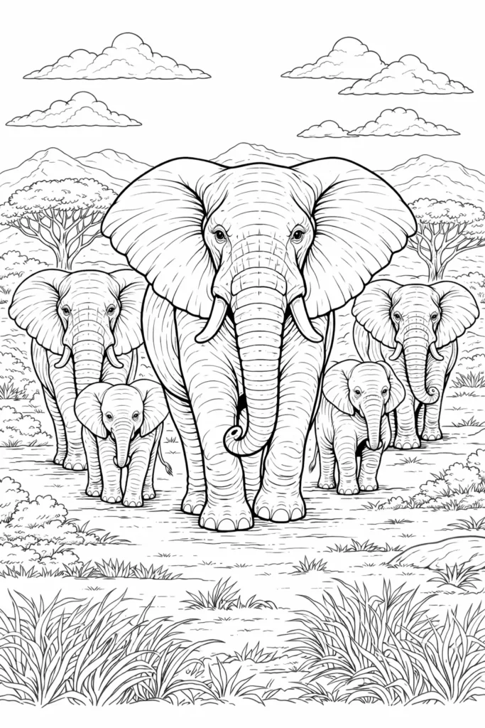 Ein ausmalbild zeigt eine wandernde Elefantenherde in weiter Savannenlandschaft mit Bäumen und Wolken ideal für kreative Stunden