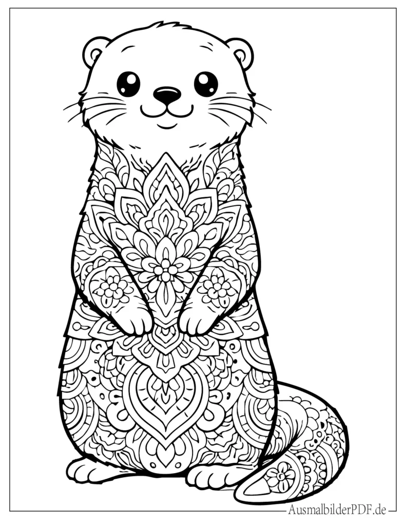 Ausmalbild eines eleganten Otter Mandalas mit feinen Mustern, perfekt für Erwachsene zum Entspannen und Ausmalen