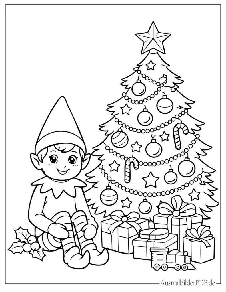 10 Weihnachtsbaum Ausmalbilder (Gratis zum Ausdrucken) Ausmalbild vom Elf auf dem Regal neben Weihnachtsbaum, ideal für Kinder zum Ausmalen und Drucken
