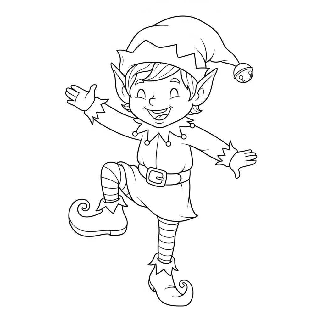 elfen ausmalbild kinder mit einer elfe die spitze schuhe trägt und einen glockenhut auf dem kopf hat