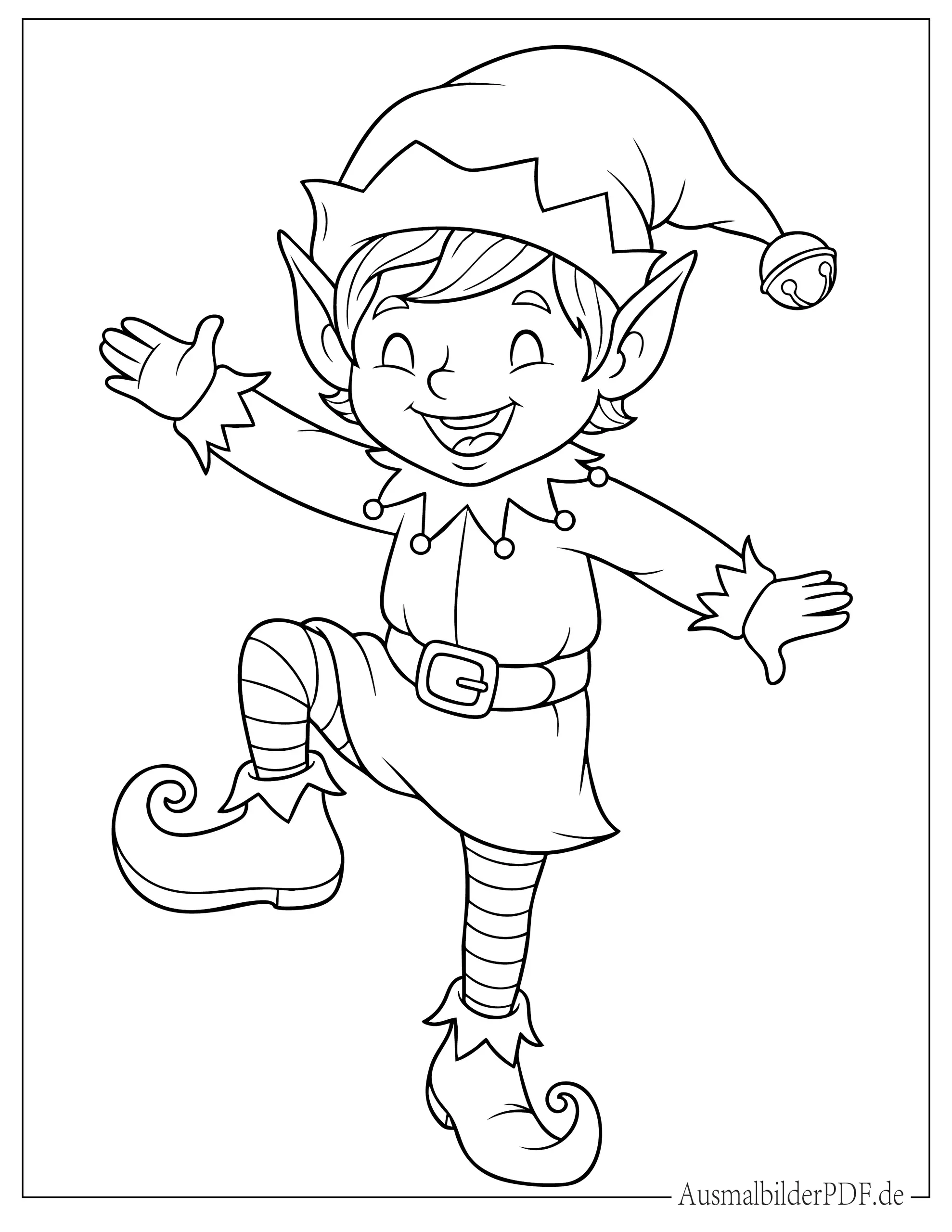 Niedlicher Elf mit spitzen Schuhen und Glockenmütze Ausmalbild