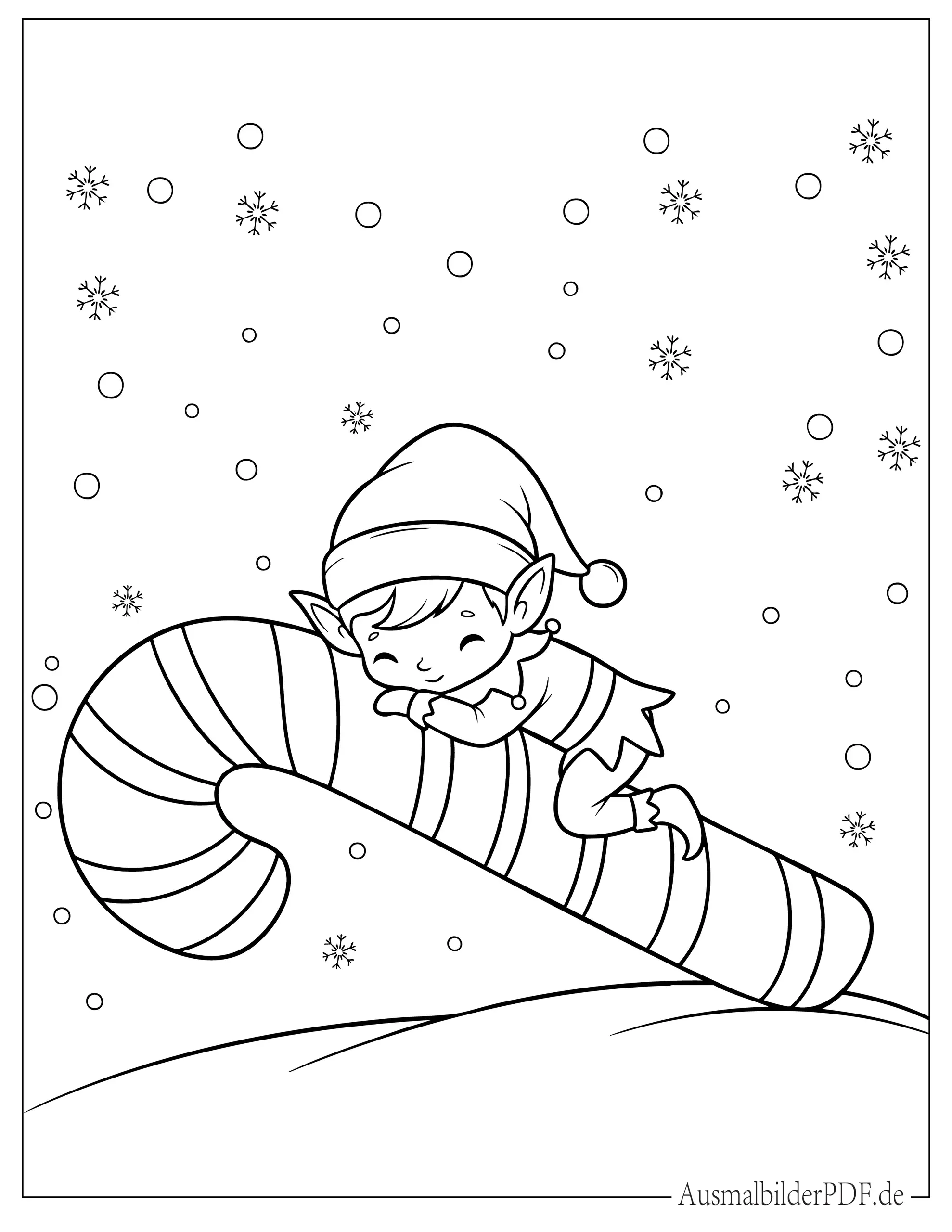 Elf sitzt auf einem Zuckerstange Ausmalbild für Kinder