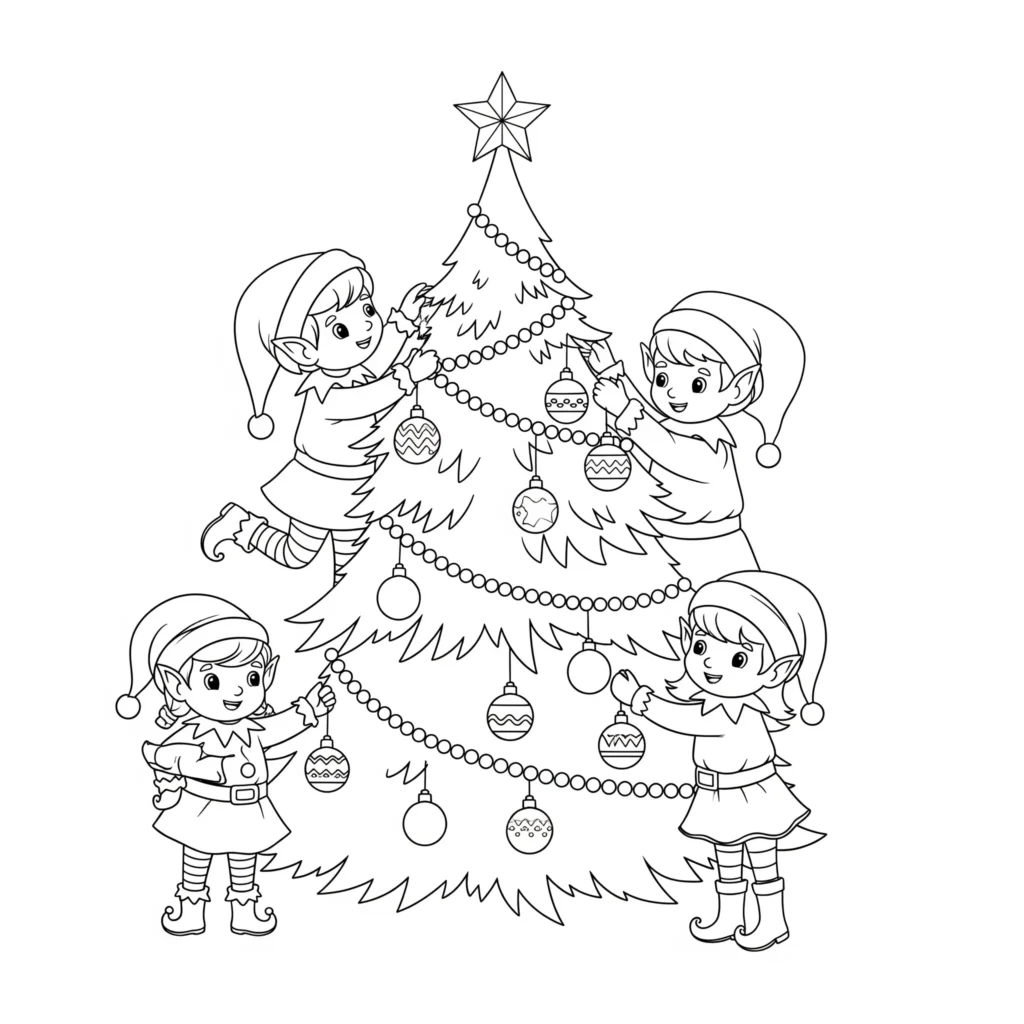 elfen ausmalbilder kinder zeigt eine elfengruppe die gemeinsam einen weihnachtsbaum schmückt zum ausdrucken