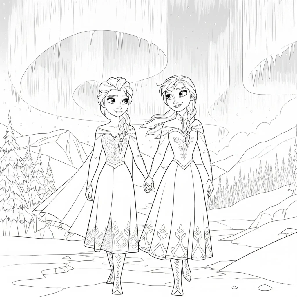 Elsa und Anna halten sich am Ende der Geschichte an den Händen und schauen sich liebevoll an. Dieses Ausmalbild zeigt die enge Bindung der Schwestern und ist perfekt zum Ausdrucken und Ausmalen für Kinder.