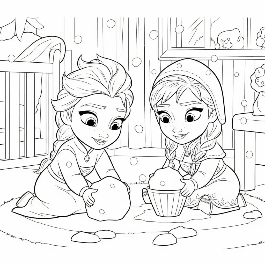 Elsa und Anna sind als Kinder zu sehen, wie sie fröhlich miteinander spielen. Beide lachen, sitzen auf dem Boden und um sie liegen Spielzeuge. Diese Malvorlage eignet sich wunderbar für Kinder zum Ausmalen und Ausdrucken als PDF.