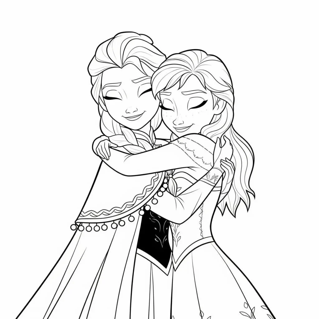 Elsa und Anna stehen eng umschlungen und lächeln sich an. Beide tragen ihre typischen Kleider, während sie sich in einer liebevollen Umarmung zeigen. Dieses Ausmalbild eignet sich perfekt für Kinder als kostenlose Vorlage zum Ausdrucken und Ausmalen.