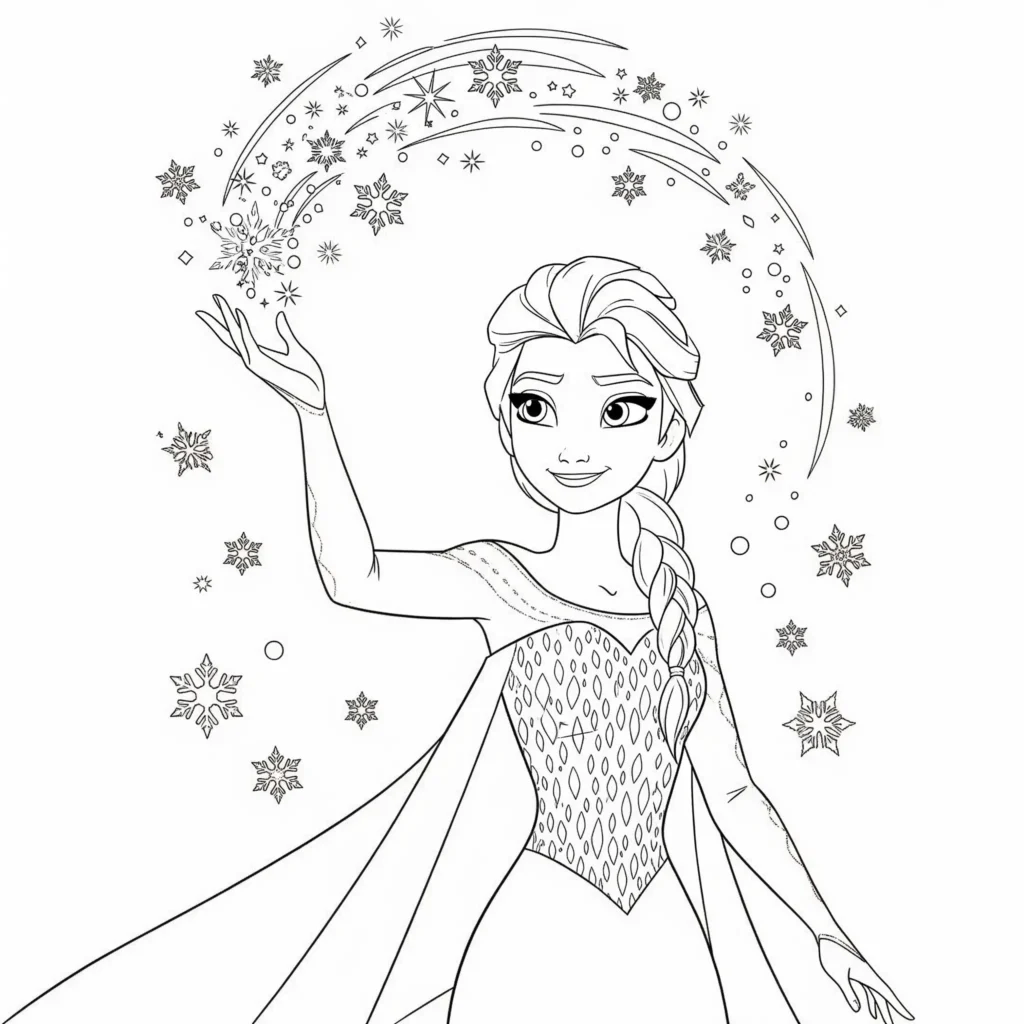 Elsa streckt eine Hand nach vorn, aus der Eiskristalle sprühen. Sie trägt ein elegantes Kleid und wirkt konzentriert beim Zaubern. Diese Elsa Malvorlage eignet sich zum Ausdrucken und Ausmalen für Kinder, besonders Fans der Eiskönigin.