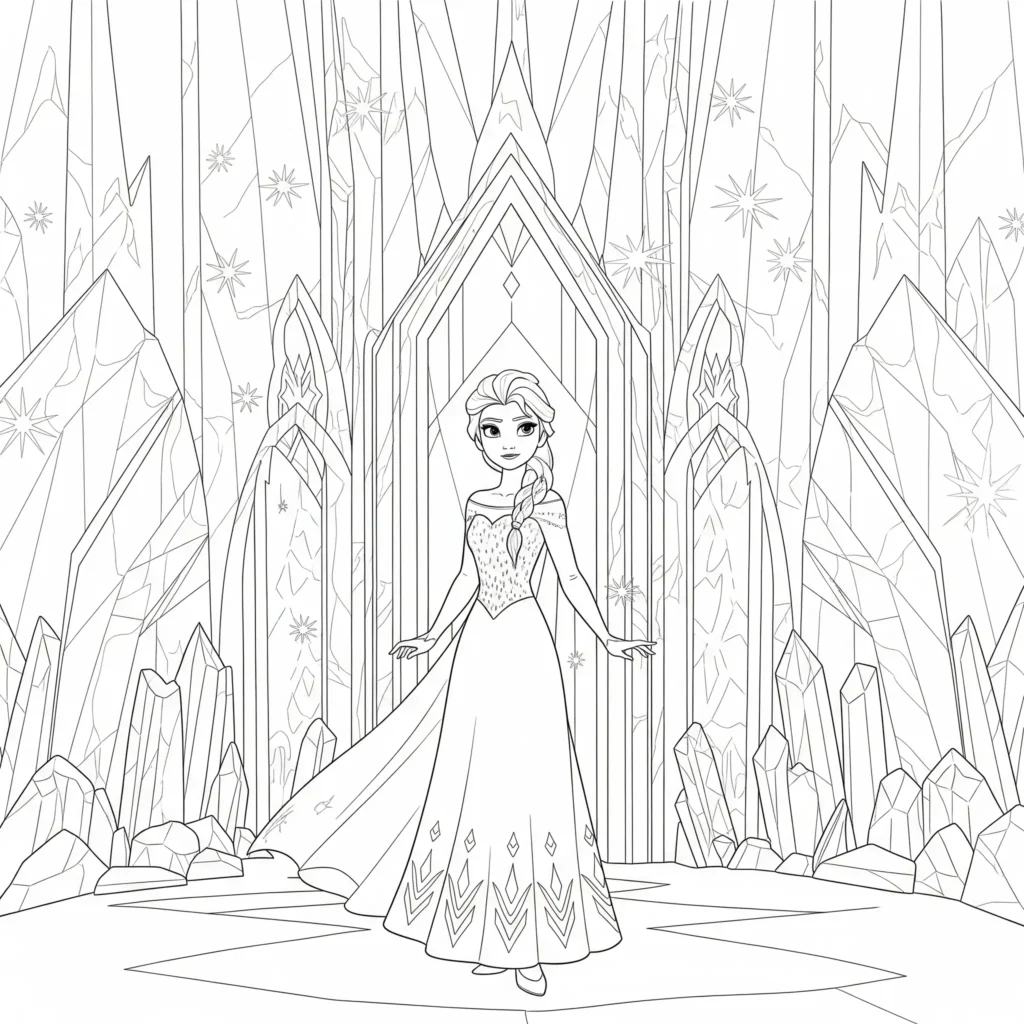 Dieses Elsa Ausmalbild zeigt sie in ihrem Eispalast. Die kostenlose PDF eignet sich perfekt zum Ausdrucken und Ausmalen für Kinder.
