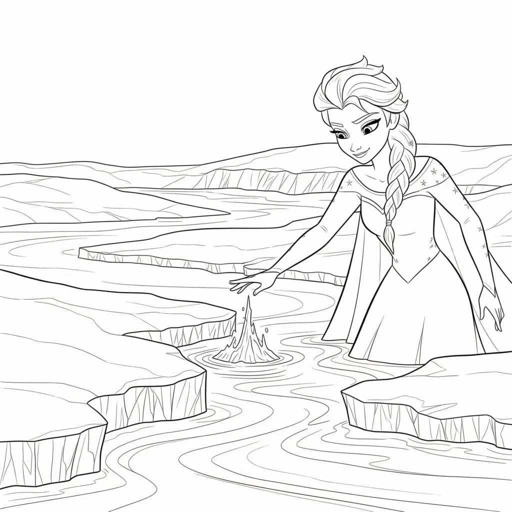 Elsa ausmalbild steht am Ufer eines Flusses und benutzt ihre Eismagie, um das Wasser gefrieren zu lassen. Um sie herum bildet sich eine glitzernde Eisfläche. 