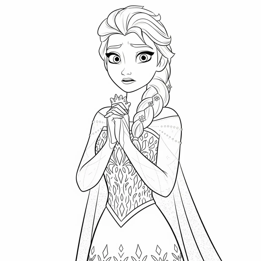 Elsa trägt ihr elegantes Krönungskleid mit Umhang und steht stolz. Dieses Ausmalbild zeigt sie in einer feierlichen Pose und ist perfekt für Kinder zum Ausdrucken und Ausmalen.