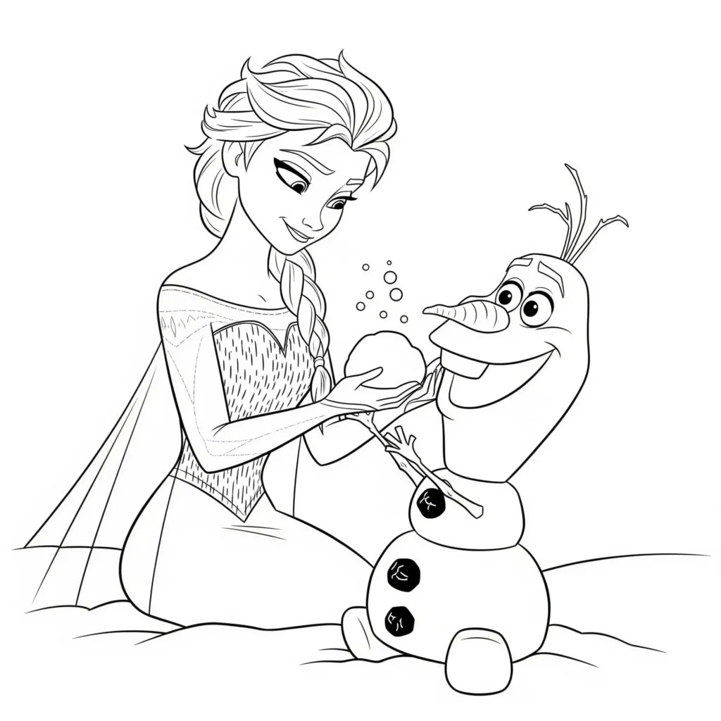 Elsa steht mit ausgestreckter Hand im Schnee und benutzt ihre Magie, um Olaf zum Leben zu erwecken. Aus glitzernden Schneeflocken formen sich Olafs Körperteile. Diese Elsa Ausmalbild-Vorlage eignet sich perfekt für Kinder zum Ausdrucken und Ausmalen.