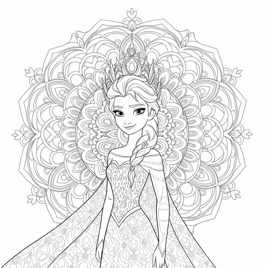 Ein Mandala inspiriert von Elsas Eismagie mit symmetrischen Schneeflocken und zauberhaften Mustern. Dieses Ausmalbild lädt Kinder ein, das magische Design auszumalen und ist ideal zum Ausdrucken.