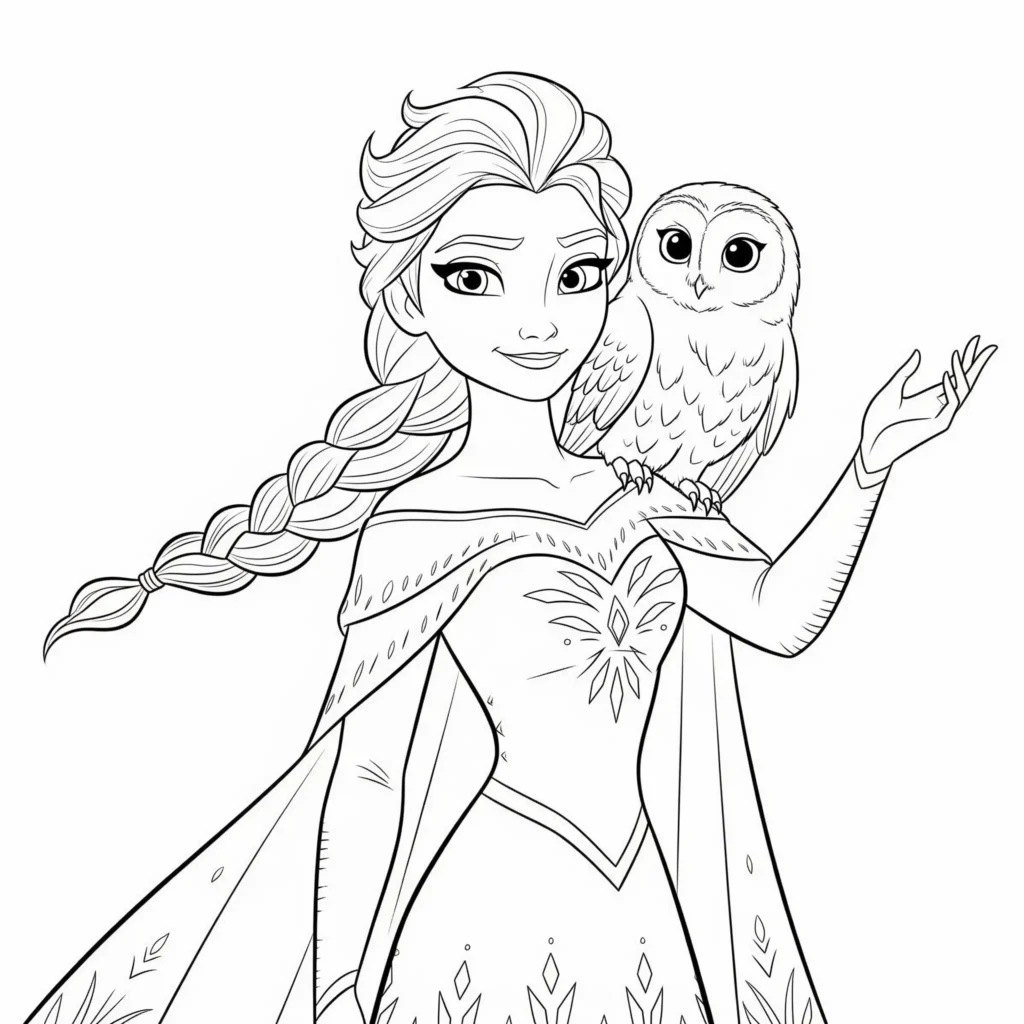 Elsa steht mit einer majestätischen Schneeeule auf ihrem Arm, umgeben von einer winterlichen Landschaft. Dieses Ausmalbild lädt Kinder ein, die Szene mit Farben lebendig zu machen und ist ideal zum Ausdrucken.