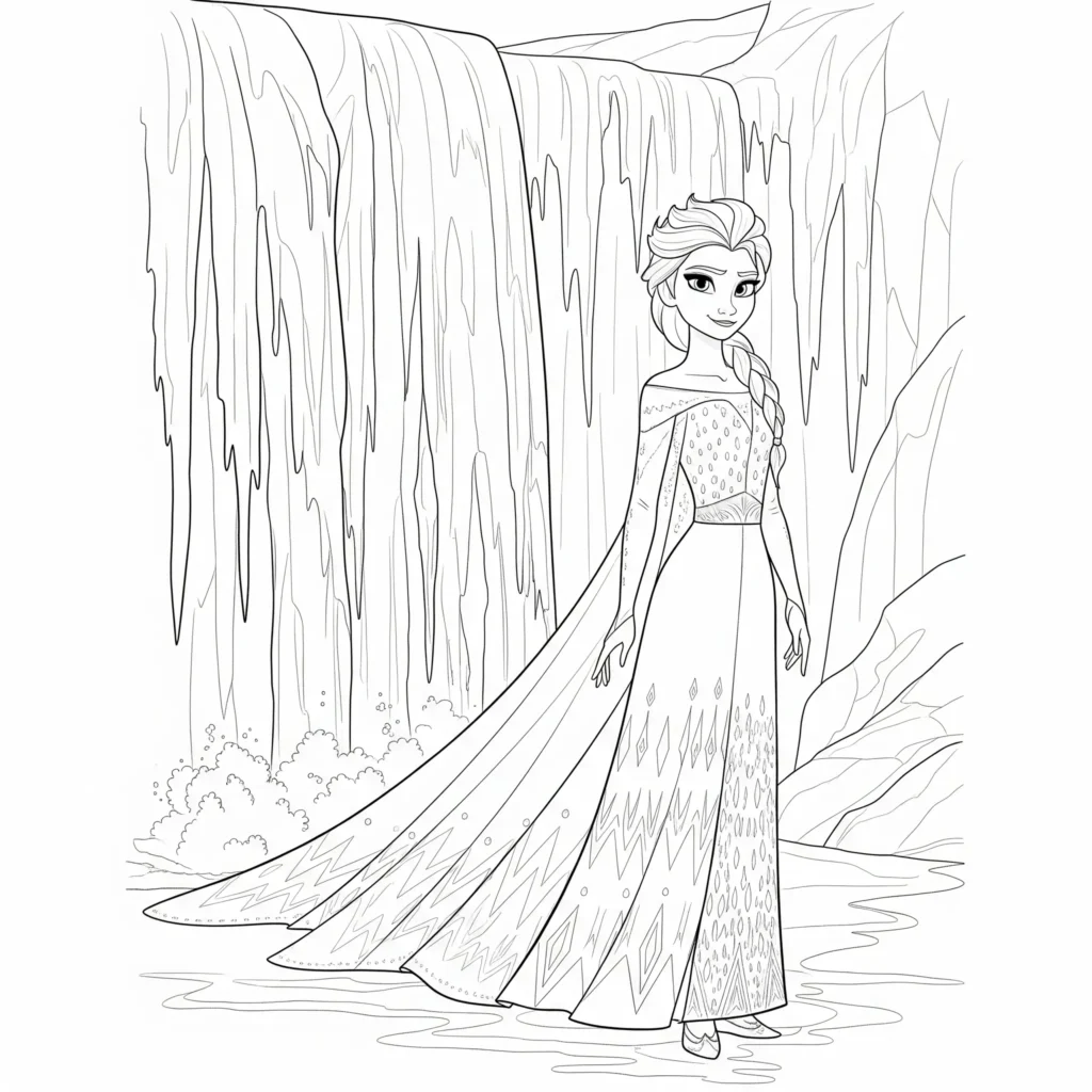 Elsa trägt ihr Spirit Kleid, das von Naturmotiven inspiriert ist, und steht stolz in einer magischen Umgebung. Dieses Ausmalbild eignet sich hervorragend zum Ausdrucken und Ausmalen für Kinder und Frozen-Fans.