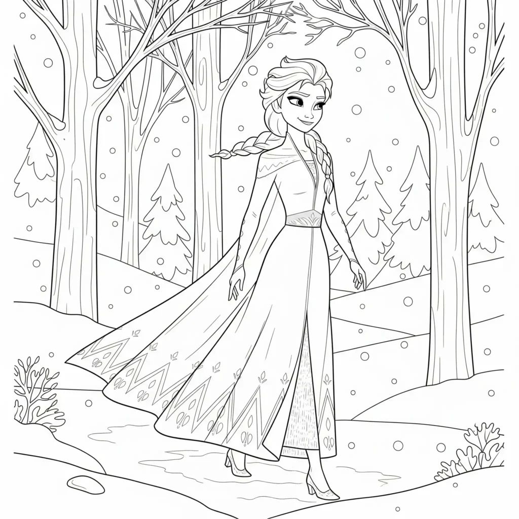 Elsa läuft durch einen stillen, verschneiten Wald. Um sie herum stehen schneebedeckte Bäume, und sie trägt ein langes Kleid mit Cape. Dieses Elsa Ausmalbild eignet sich für Kinder zum kostenlosen Ausdrucken und Ausmalen.