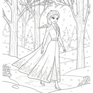 Elsa läuft durch einen stillen, verschneiten Wald. Um sie herum stehen schneebedeckte Bäume, und sie trägt ein langes Kleid mit Cape. Dieses Elsa Ausmalbild eignet sich für Kinder zum kostenlosen Ausdrucken und Ausmalen.