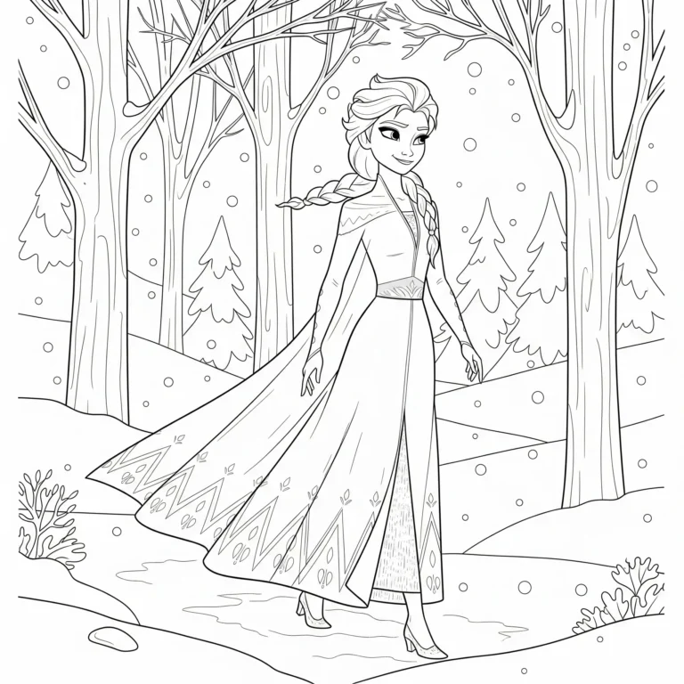 Elsa läuft durch einen stillen, verschneiten Wald. Um sie herum stehen schneebedeckte Bäume, und sie trägt ein langes Kleid mit Cape. Dieses Elsa Ausmalbild eignet sich für Kinder zum kostenlosen Ausdrucken und Ausmalen.