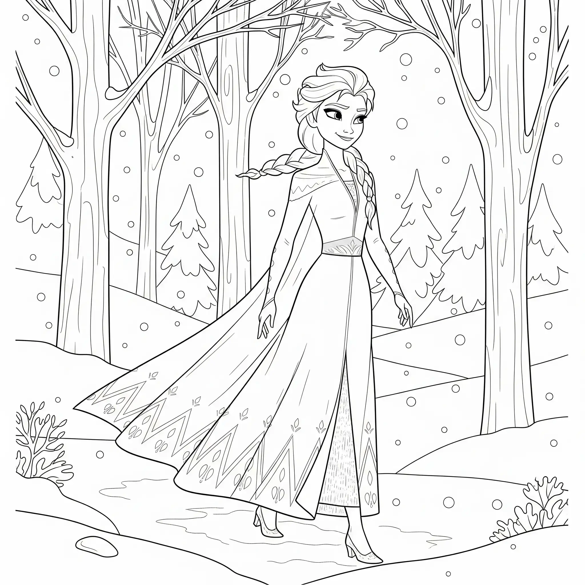Elsa läuft durch einen stillen, verschneiten Wald. Um sie herum stehen schneebedeckte Bäume, und sie trägt ein langes Kleid mit Cape. Dieses Elsa Ausmalbild eignet sich für Kinder zum kostenlosen Ausdrucken und Ausmalen.