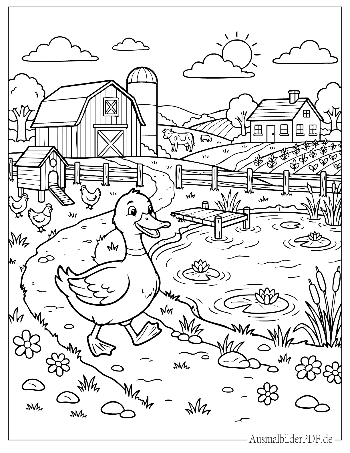 30+ Bauernhof Ausmalbilder (Gratis Malvorlagen zum Drucken) Bauernhof Ente geht zum Teich Ausmalvorlage