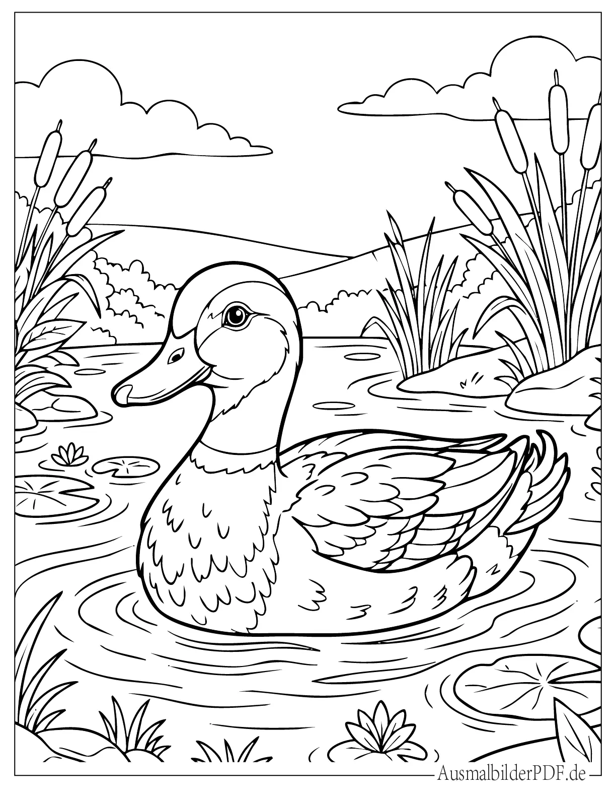 Realistische Ente schwimmt im Teich Ausmalbild