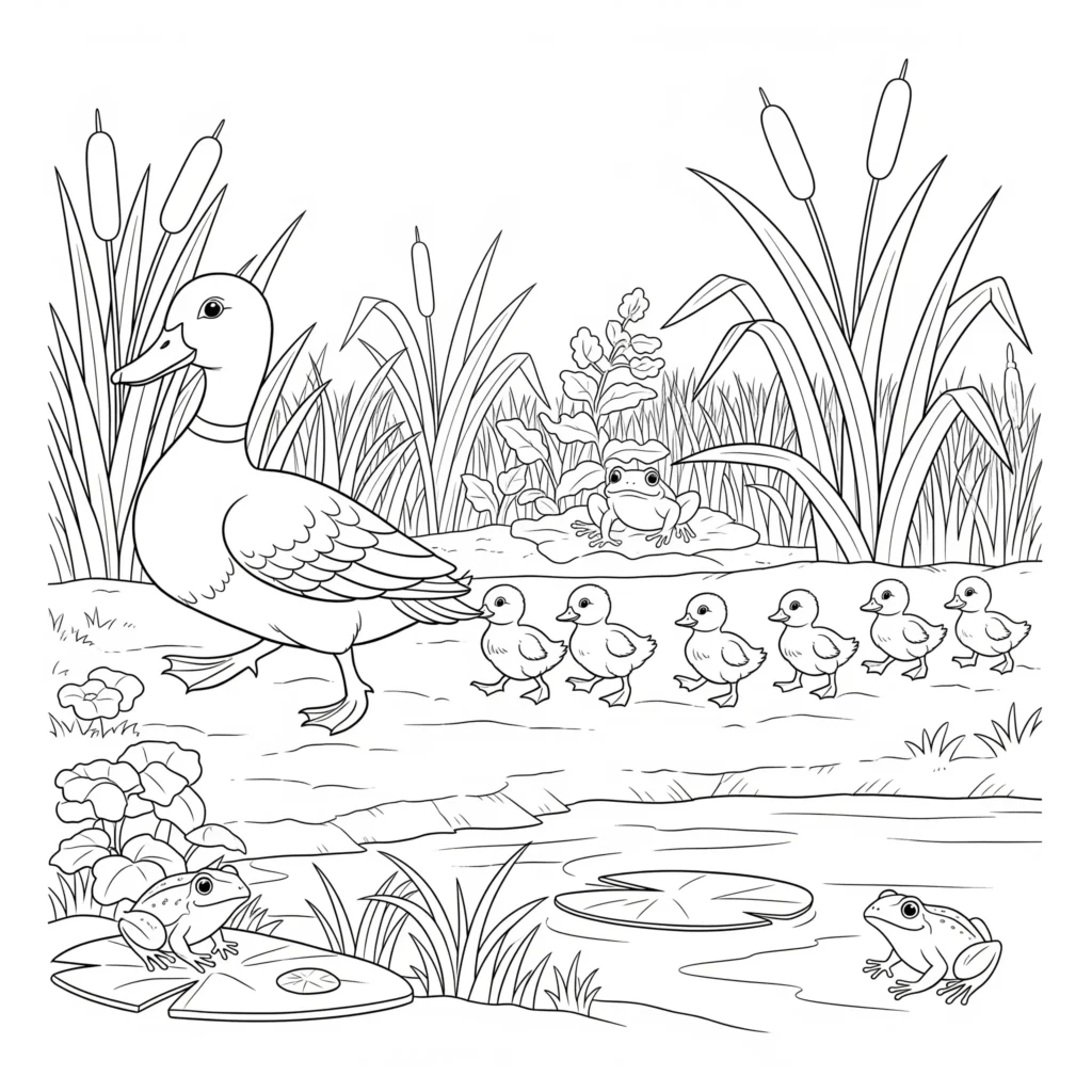 Ausmalbild zeigt eine Entenmama mit ihren Küken, die ihr in einer Frühlingslandschaft folgen, ideal zum Ausdrucken und Ausmalen für Kinder