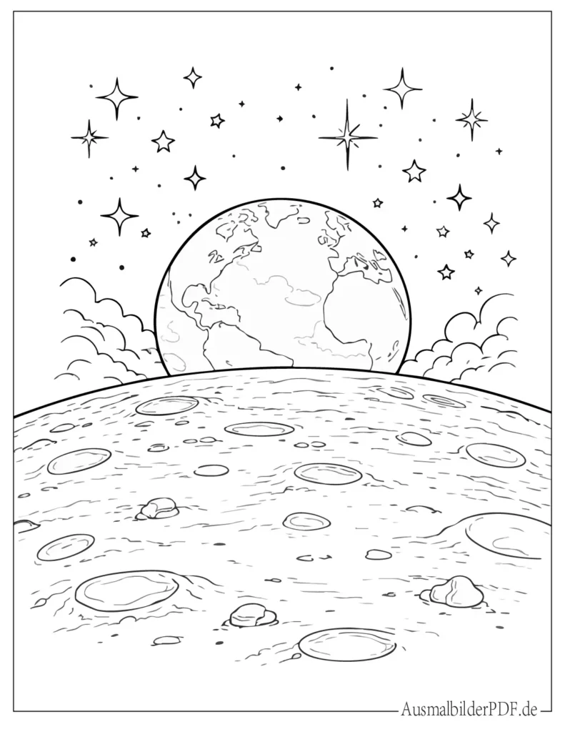 Ausmalblatt der Erde, die über dem Mond aufgeht, Malvorlage für Kinder und Erwachsene zum Ausdrucken