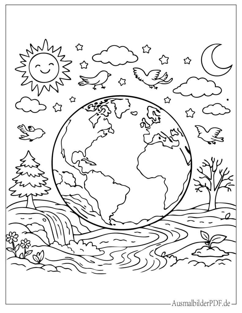 Einfaches Erde Ausmalbild für Kinder mit klaren Kontinenten und Ozeanen, ideal als kostenlose Druckvorlage zum kreativen Ausmalen