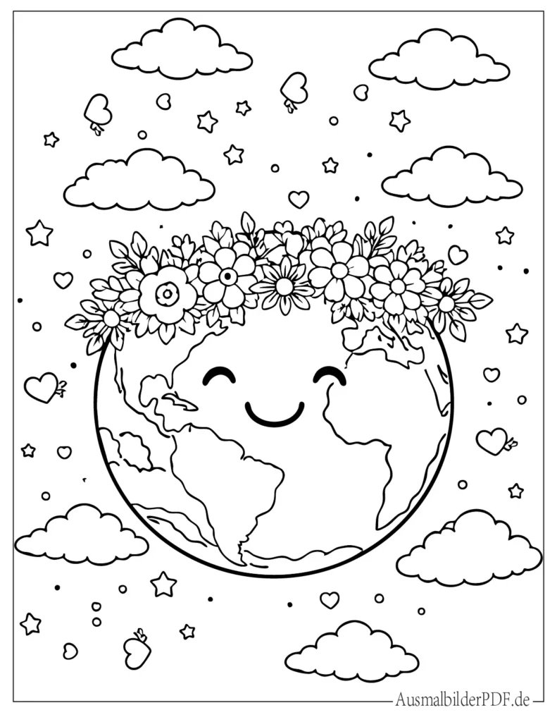 Lächelnde Erde mit bunter Blumenkrone, niedliches Ausmalbild für Kinder zum Ausdrucken und Gestalten
