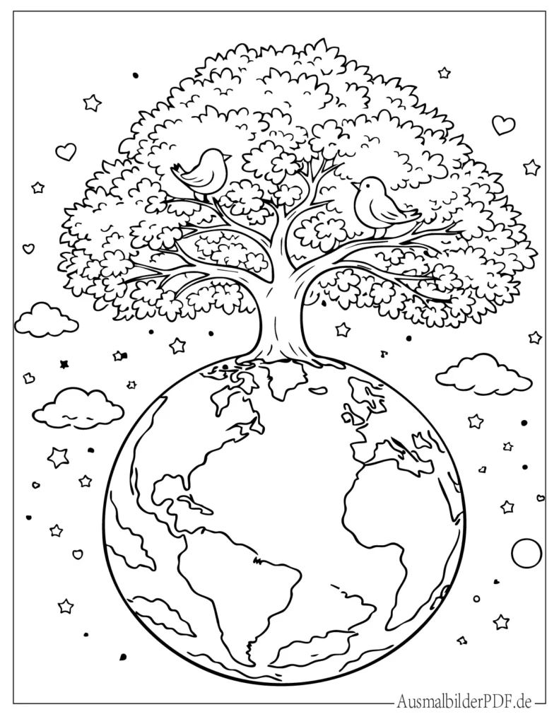 Erde mit einem großen Baum, der darauf wächst, fröhliches Ausmalbild für Kinder zum Entdecken und Ausmalen